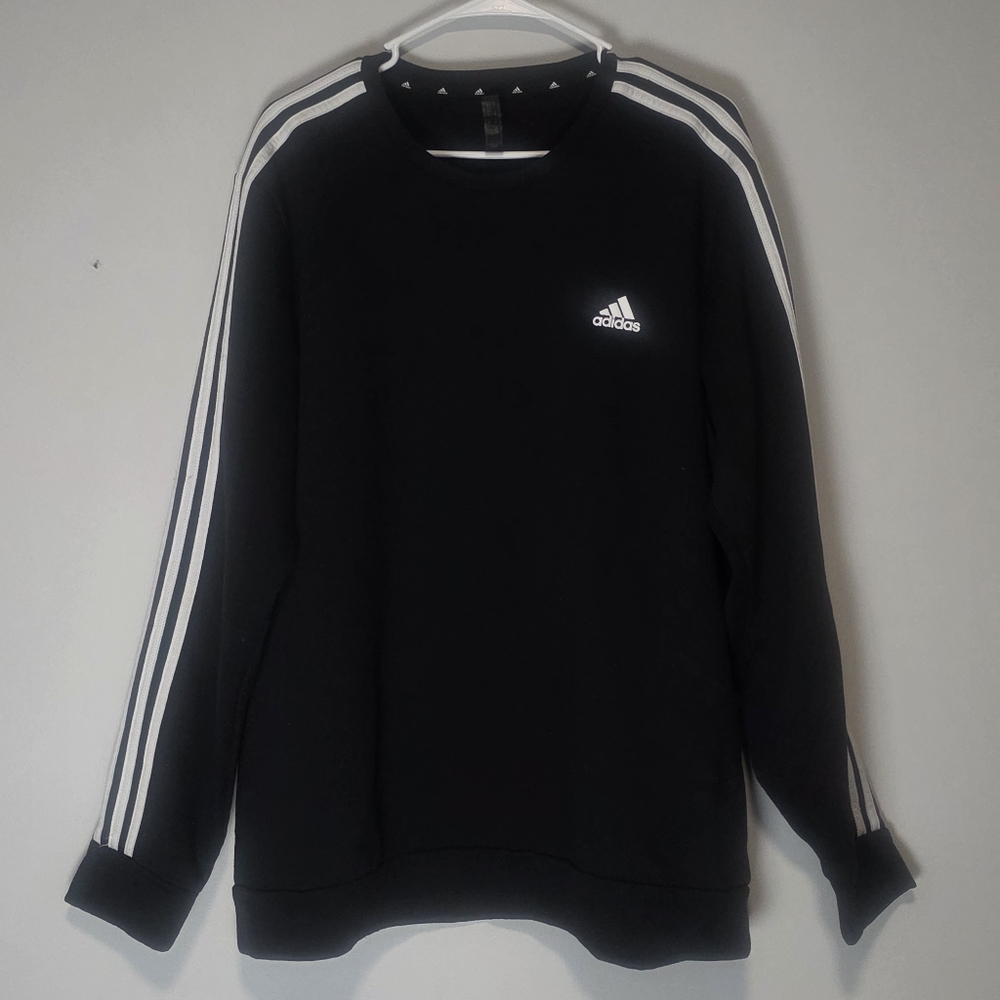Adidas Men's Black Crewneck Sweater Sweatshirt with White Stripes